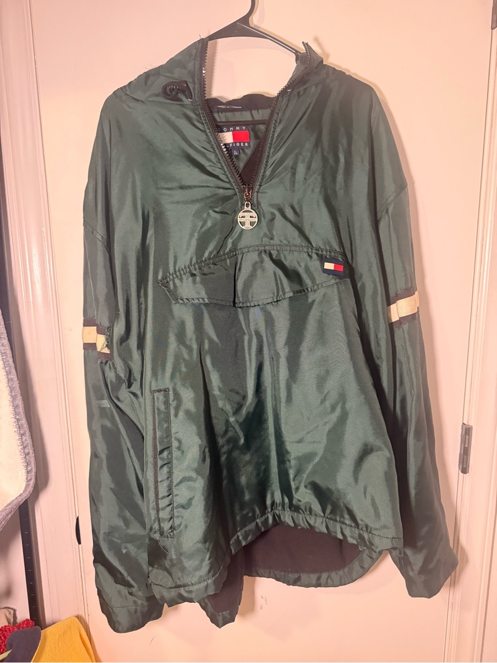 Vintage Tommy Hilfiger Green Nylon Half-Zip Jacket with Logo Patch